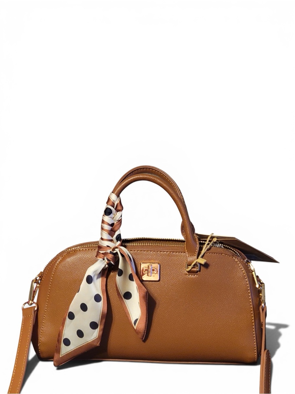Miztique Brown Leather Top‑Handle Satchel – Scarf Accent – NWT – Chic Structured